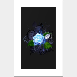 Blue rose on black background Posters and Art